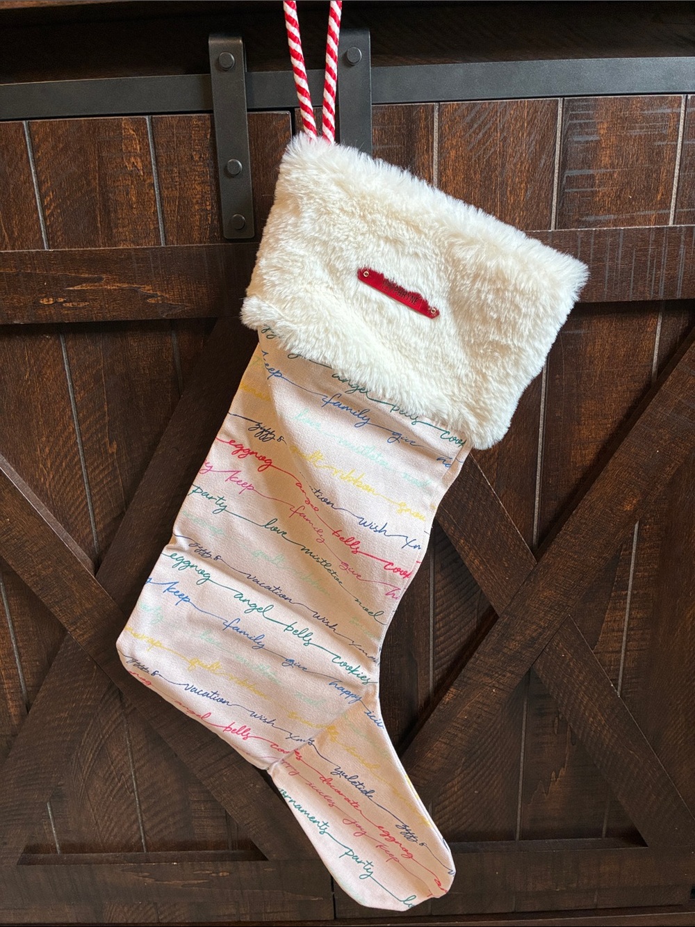KEEP Collective Cream Faux Fur Cuff Stocking with Multicolor Script